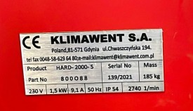 URZĄDZENIE FILTROWENTYLACYJNE KLIMAWENT HARD - 2000 S ROK 2021